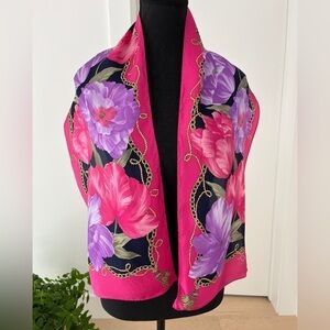 OSCAR by OSCAR DE LA RENTA Signed Silk Scarf Pink Purple Vibrant Floral Luxury